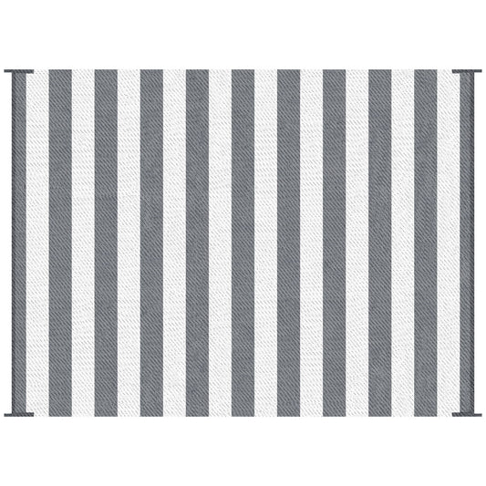 The Outsunny Reversible Outdoor Rug, measuring 9' x 12', features a clean, modern look with consistent alternating gray and white vertical stripes. Made from waterproof plastic straw, it's perfect for RV camping and comes with a carry bag for easy transport.