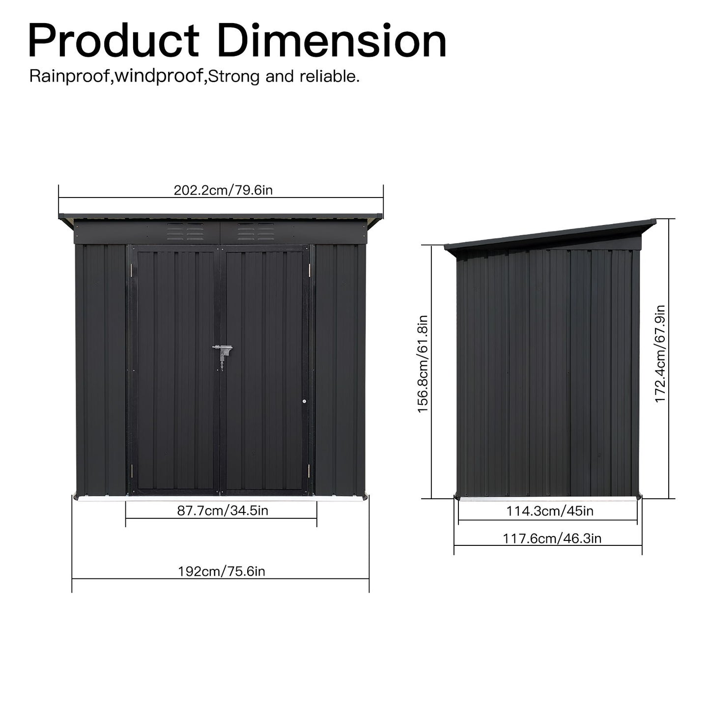 The 4Ftx6Ft Garden Sheds Outdoor Storage Sheds diagram shows a front view with a width of 202.2 cm and height of 156.8 cm, and a side view displaying a depth of 117.6 cm and height of 172.4 cm, featuring rainproof and windproof properties.