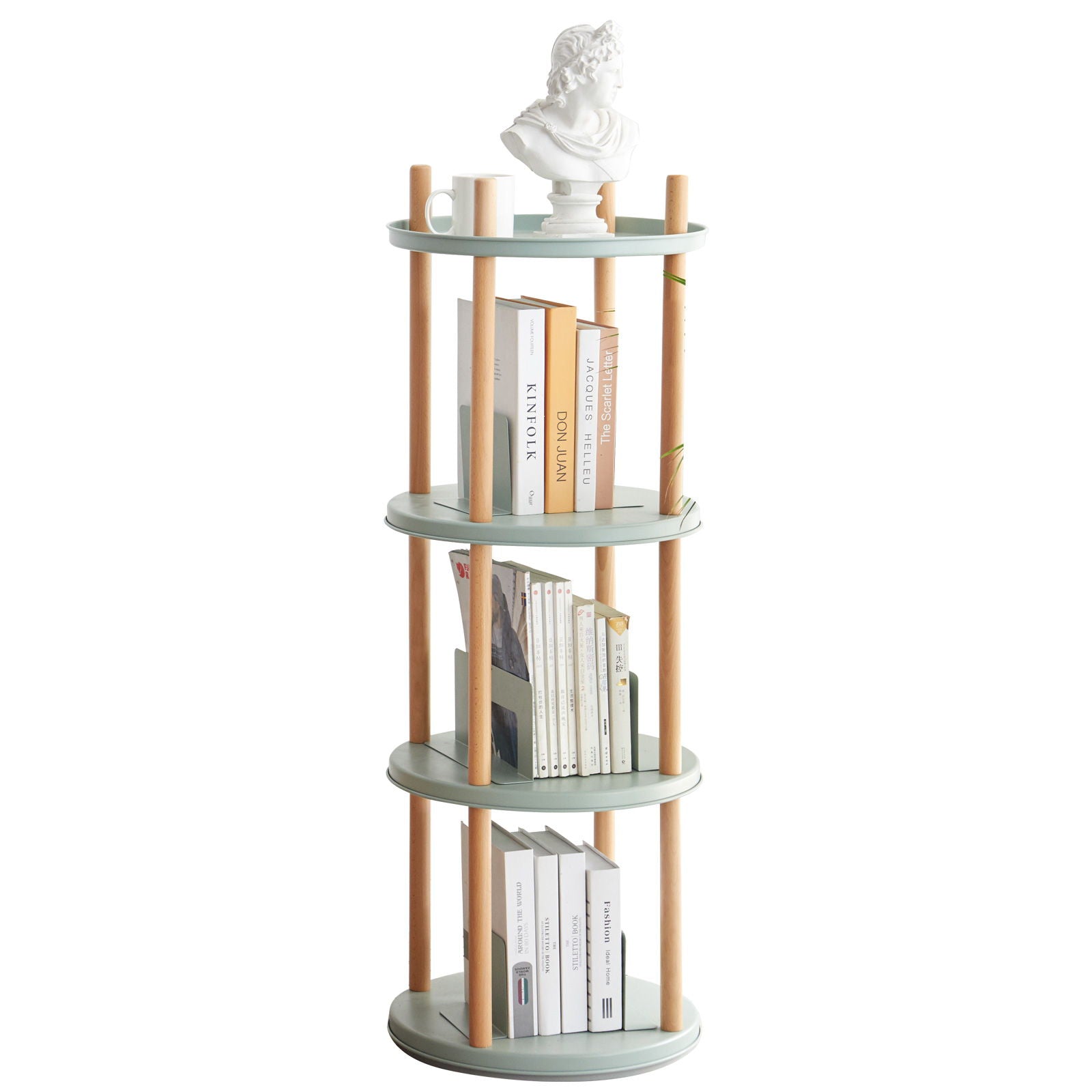 A 360° rotating bookshelf with light green, round shelves and wooden supports stores various books and a small mug, topped with a decorative white bust; it's a multifunctional storage rack with large-capacity space for the living room.