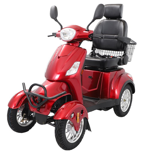 The Electric Mobility Scooter With Big Size, High Power - Red features a sleek design with four wheels, high-power performance for outdoor use, a black cushioned seat and backrest, front headlight, mirrors, sturdy tires, and a small rear basket.