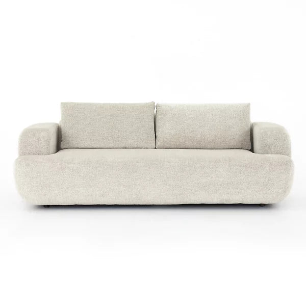 Introducing the Benito Sofa by Four Hands: a contemporary, light gray sofa featuring plush, rounded armrests and two large back cushions. With its minimalist design, it's beautifully highlighted against a plain white background.