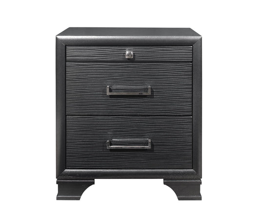 The Civic nightstand is a black wooden piece with a textured finish, featuring two drawers with sleek handles and supported by four short, sturdy legs.