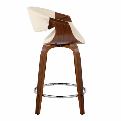 Symphony - Mid-Century Modern Fixed Height Counter Stool With Swivel And Round Footrest (Set of 2) - Walnut / Cream