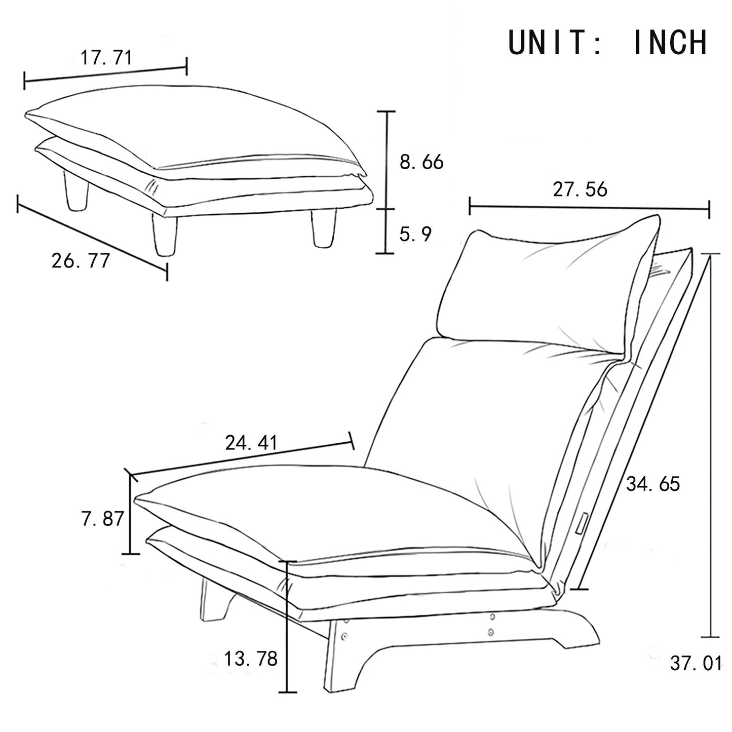 Illustration of the Single Lazy Sofa Chair Leisure Foldable Reclining Chair with dimensions 37.01"H x 24.41"W x 27.56"L, accompanied by a separate cushion measuring 17.71" x 26.77".