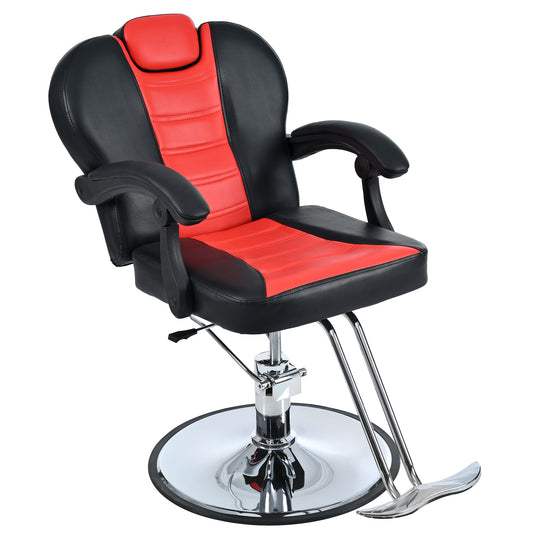 The Classic Reclining Barber Chair features black and red upholstery, a chrome base, cushioned armrests, an adjustable headrest, and a footrest. Designed for hairdressing or barber use with 360° rotation and a heavy-duty hydraulic pump. Max load: 330 lbs.