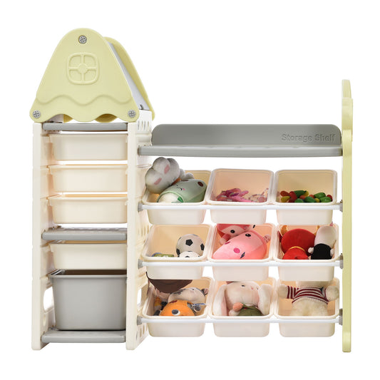 A Kids Toy Storage Organizer with 14 HDPE bins, ideal for storing plush and small toys, features an off-white and light green design with two vertical sections for organized storage.