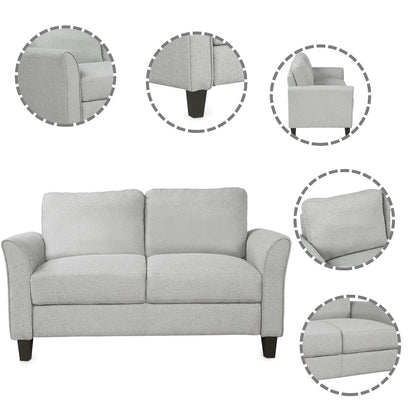 The Living Room Furniture Love Seat Sofa boasts a light gray finish with dark wooden legs. Five close-up inserts detail its armrest, legs, seat cushion, back cushion, and side profile, highlighting the fabric texture and design features.