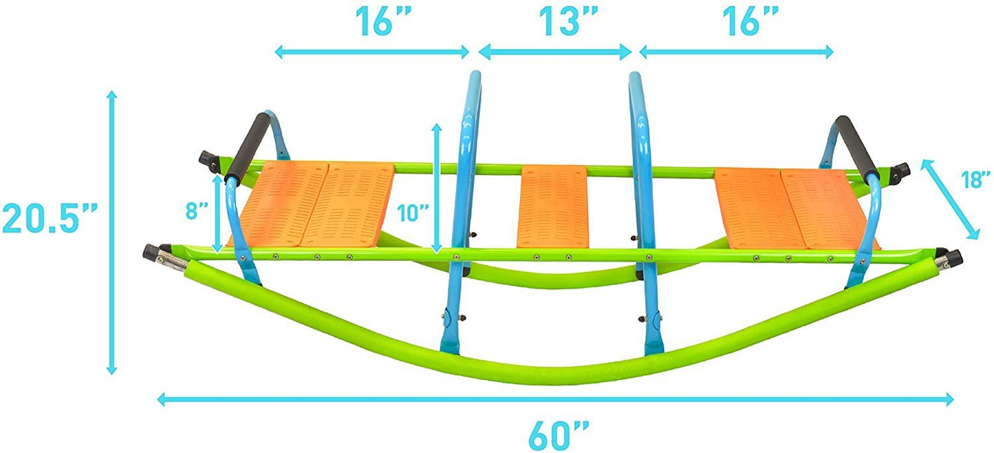 The Xss008 Kids Seesaw features a green and blue design with orange seats and black handles. It measures 60" long and 20.5" high, with seat distances of 16", 13", and 16". The seat height is adjustable between 8" and 10", while the sides reach a height of 18". Ideal for children aged 3+.