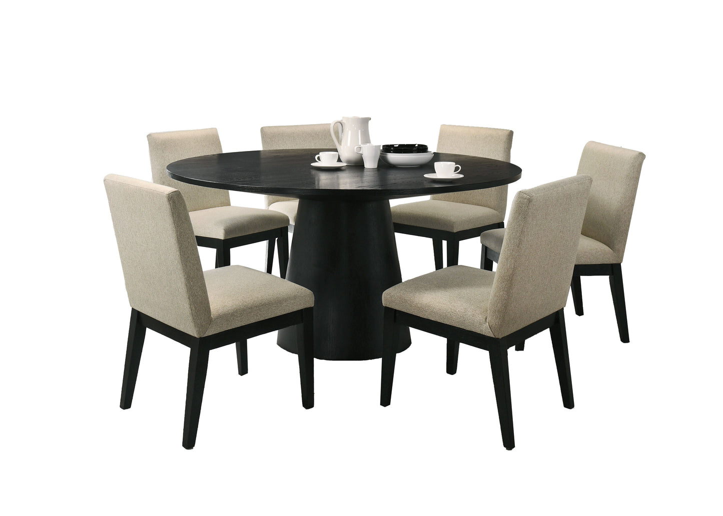 The Jasper round dining table set features a black table with a dark pedestal base and six beige upholstered chairs, elegantly arranged with a white pitcher, a black bowl, and white cups and saucers.