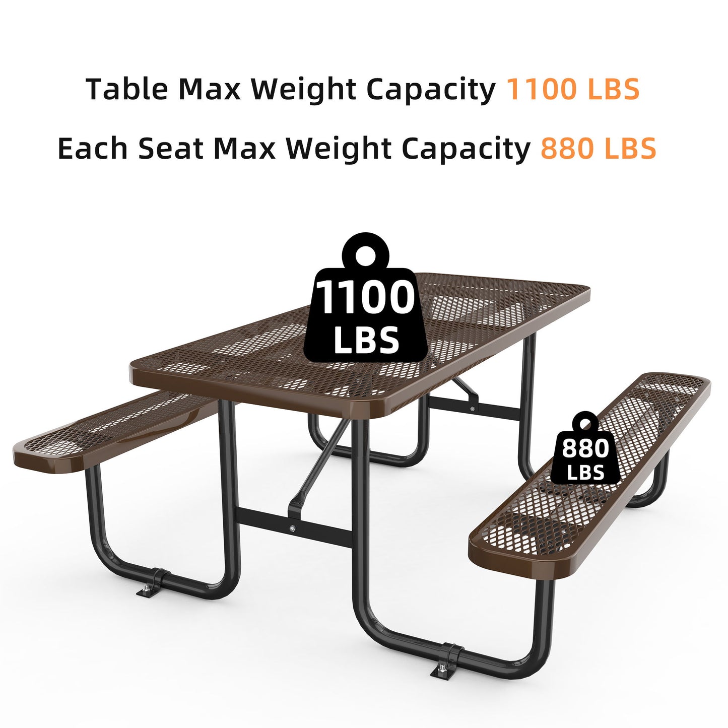 Expanded Rectangular Picnic Metal Table set in brown with black legs includes attached benches. The table supports up to 1100 lbs, while each seat holds a maximum of 880 lbs. Weight capacities are marked in black on a white background.