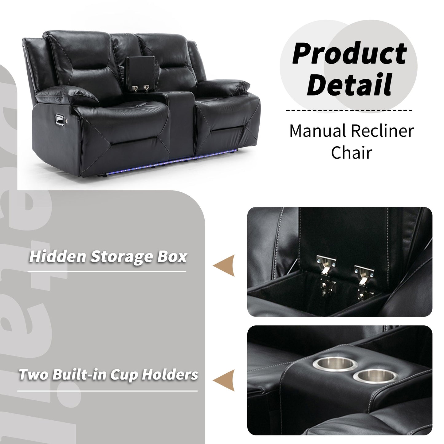 Image of a black leather 2 Seater Home Theater Manual Recliner Chair featuring a storage box, two cup holders, and LED light strip. Background text: "Product Detail - Manual Recliner Chair," highlighting its features.