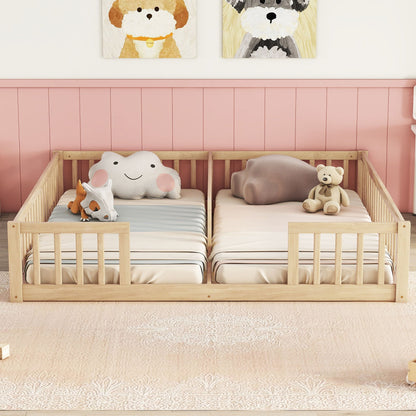 A cozy children's bedroom features a Double Floor Bed With Fence, wooden frame with mattresses and soft toys like a cloud, bear, and fox. The pink wainscoted wall displays two dog-themed artworks above the bed, while the beige carpet adds warmth.