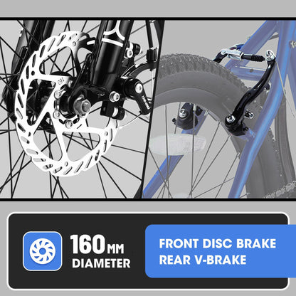 The image features a S20101 20" Kids' Bike, ideal for ages 8-12, with a front disc brake of 160 mm diameter and a rear V-brake on a blue frame. Text at the bottom reads "160 mm Diameter" and "Front Disc Brake Rear V-Brake.