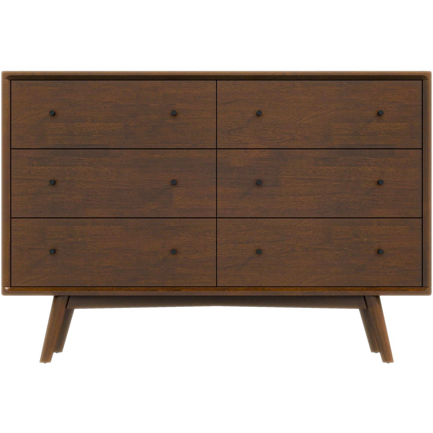 The Caroline Mid-Century Modern Solid Wood Dresser in brown has a rich, dark finish and features six drawers with round, dark knobs, arranged in two columns of three rows. It stands on four splayed legs.