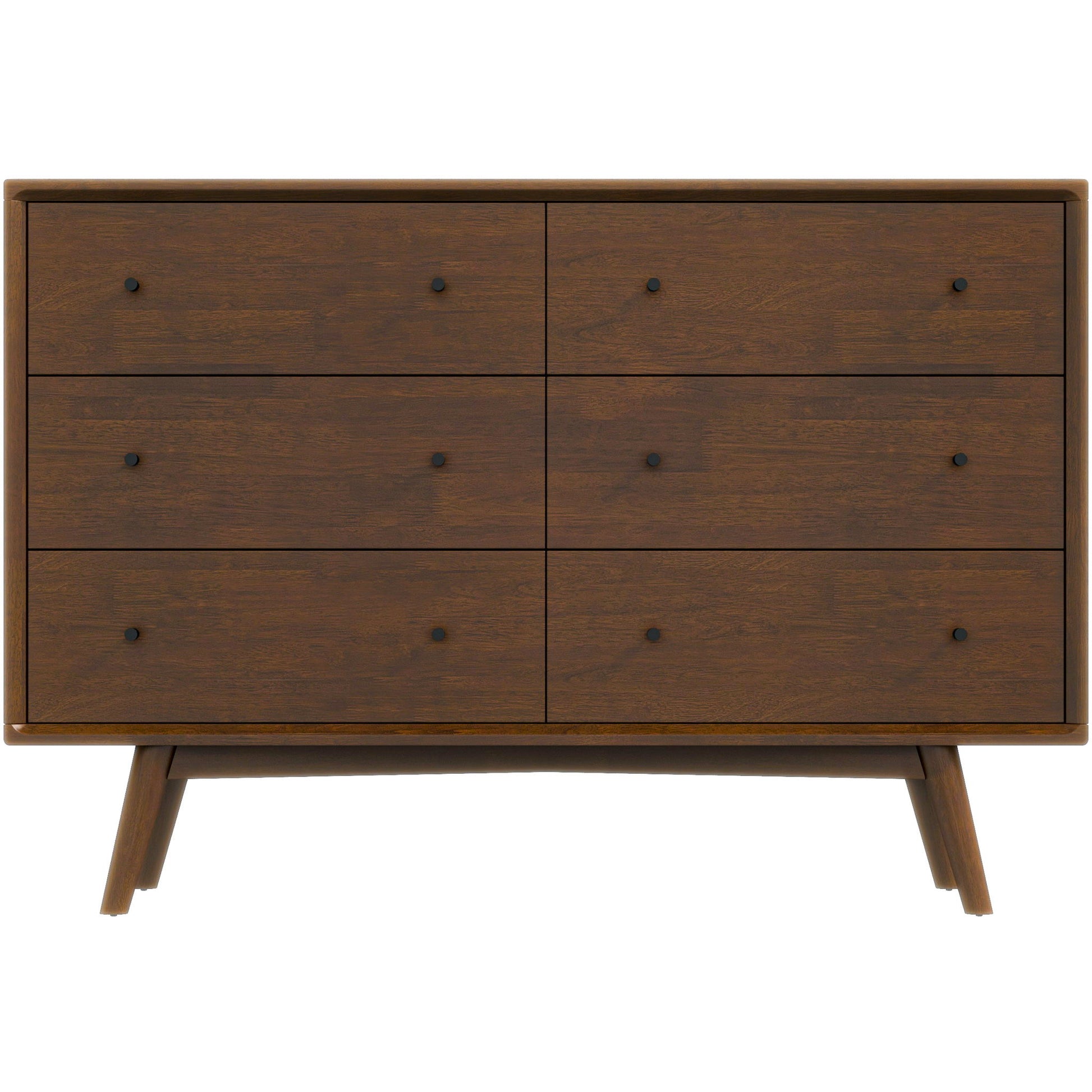 The Caroline Mid-Century Modern Solid Wood Dresser in brown has a rich, dark finish and features six drawers with round, dark knobs, arranged in two columns of three rows. It stands on four splayed legs.