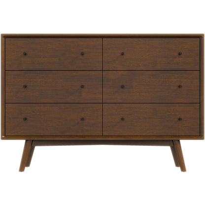 The Caroline Mid-Century Modern Solid Wood Dresser in brown has a rich, dark finish and features six drawers with round, dark knobs, arranged in two columns of three rows. It stands on four splayed legs.