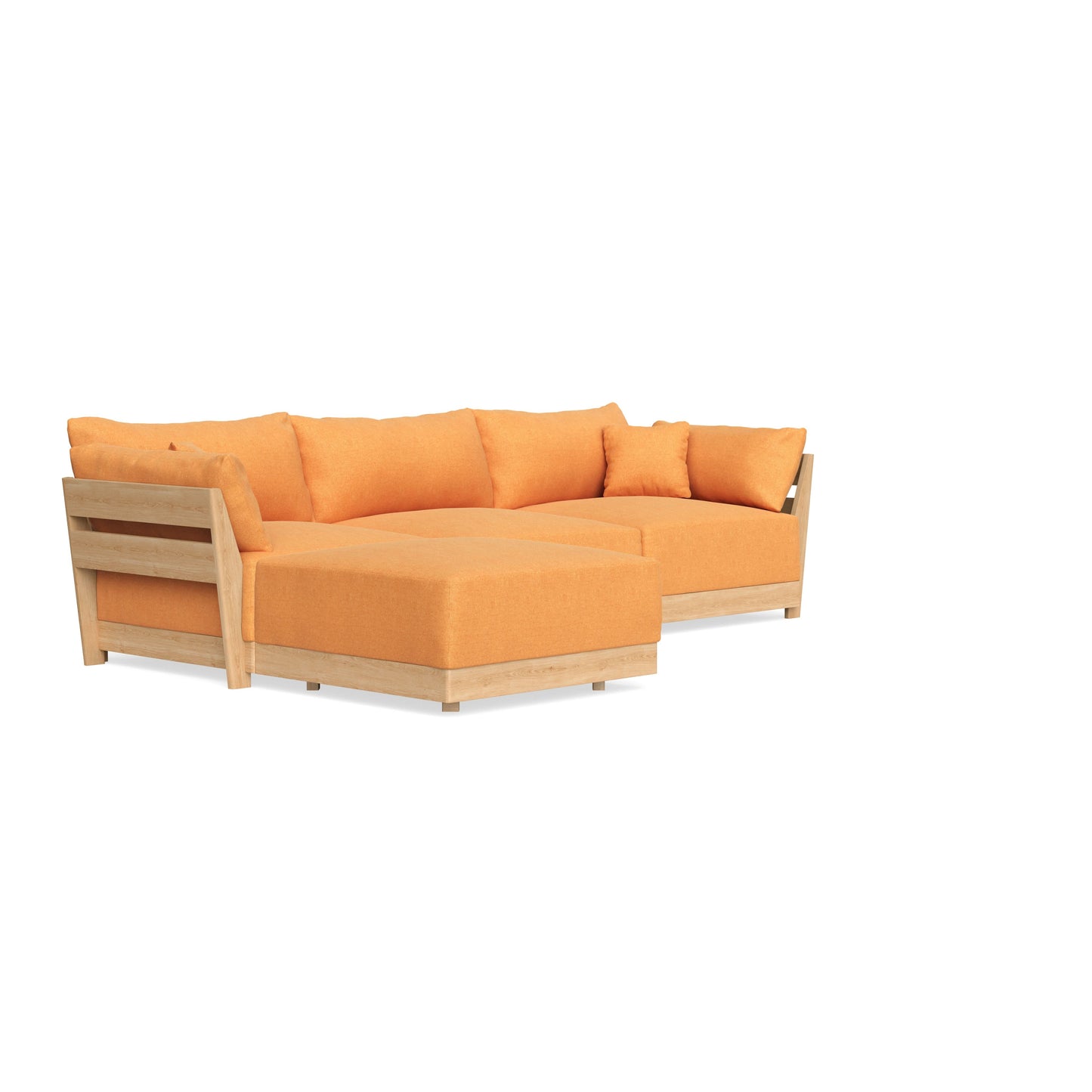 The Modular Bondi Latte 3 Seater Sectional is an orange L-shaped sofa featuring a wooden frame and plush cushions, set against a white background.