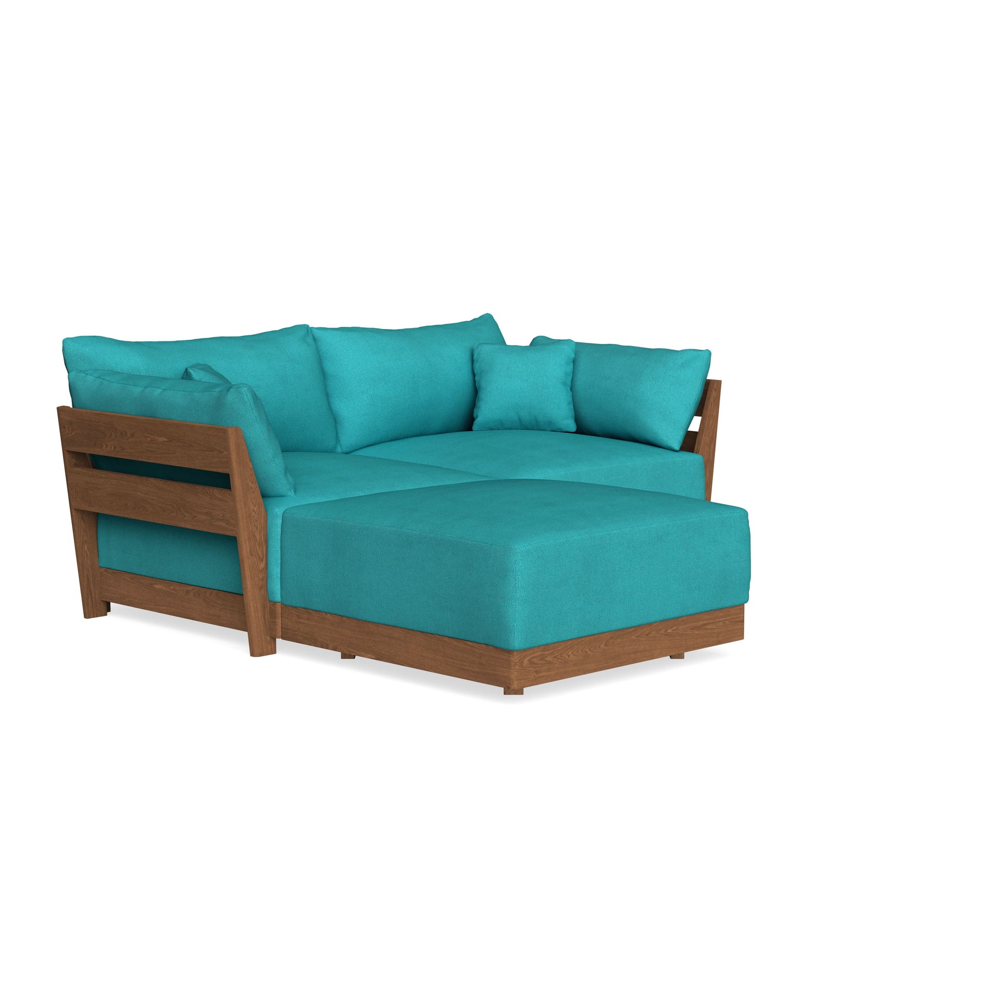 A teal upholstered sectional sofa with wooden frame and multiple cushions. It features a chaise-style extension on the right side, providing ample seating and a modern design.