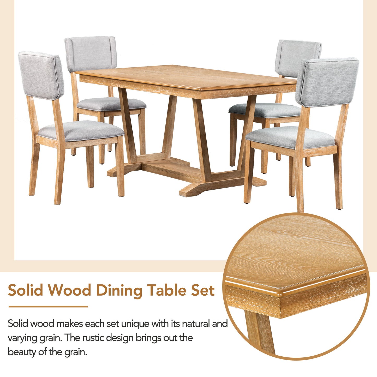 The Topmax 5 Piece Rustic Dining Set features a rectangular table with a trestle base and four chairs, each with cushioned gray seats and backrests, showcasing the natural wood grain through a circular inset.