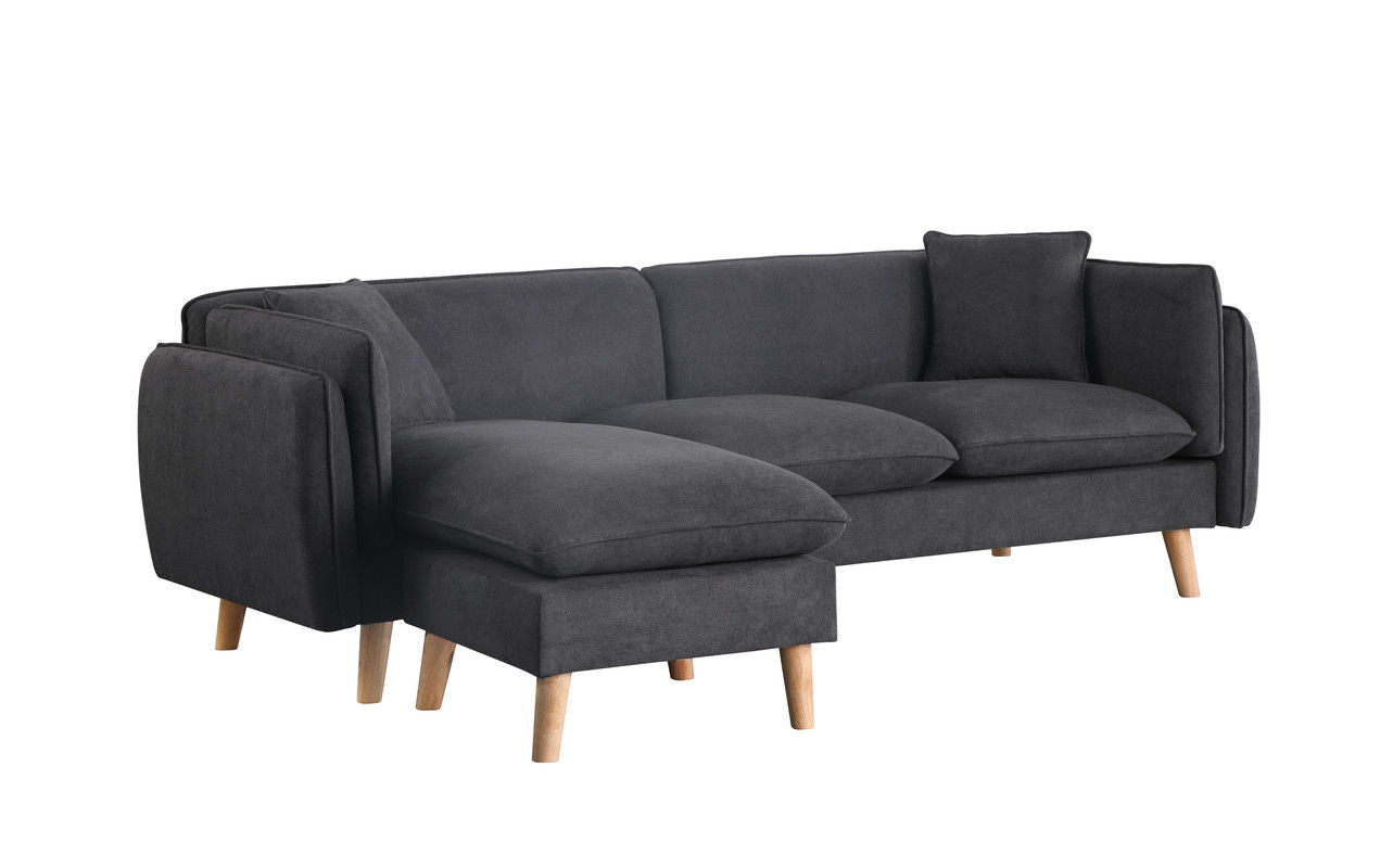 The Brayden Fabric Sectional Sofa Chaise is a modern, dark gray sectional with clean lines, light wooden legs, two large cushions, and a chaise lounge extension on the left for versatile seating.