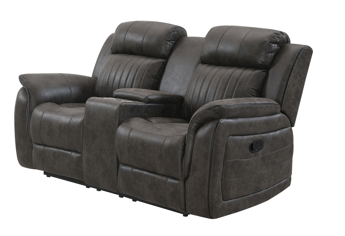 The Steban Console Reclining Loveseat in gray is a dark leather double recliner with plush cushioning, featuring two seats divided by a central console with cup holders, stitched detailing, and visible reclining levers on the sides.