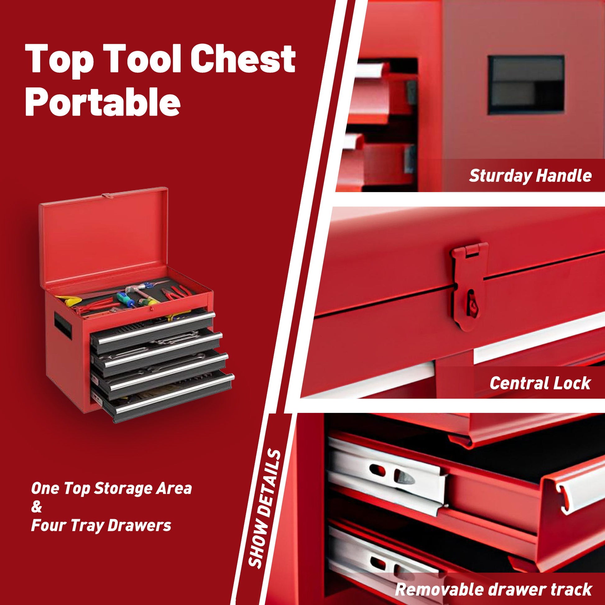 Red tool chest with detachable top box features open top storage and four tray drawers. Close-ups show a sturdy handle, central lock, and removable tracks. Text reads: "Tool Chest Portable," "Rolling Cabinet with One Top Storage Area & Four Tray Drawers," "Show Details.