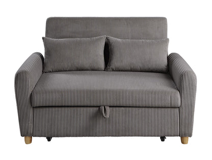 Justine Brown corduroy convertible sleeper loveseat with two matching cushions, wooden legs, and textured fabric featuring vertical stripes. It includes a pull-out section under the seat for storage or additional seating.