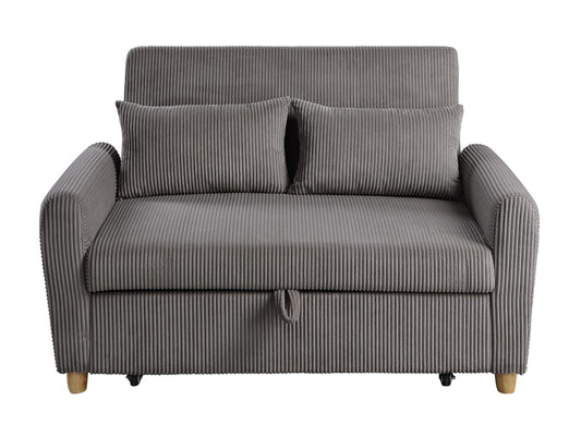 Justine Brown corduroy convertible sleeper loveseat with two matching cushions, wooden legs, and textured fabric featuring vertical stripes. It includes a pull-out section under the seat for storage or additional seating.