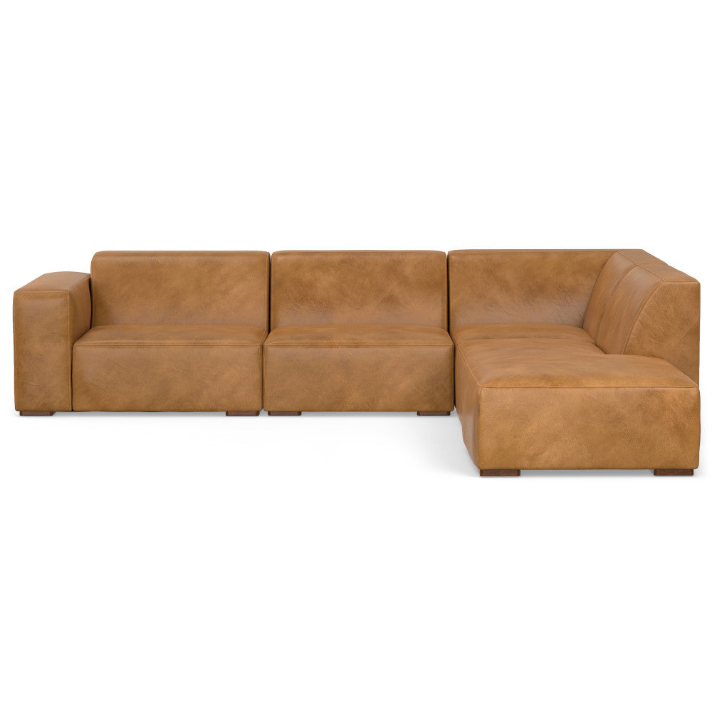 A brown leather sectional sofa with three connected seats and a chaise on one end. The sofa has a modern, minimalist design and is placed on a white background.