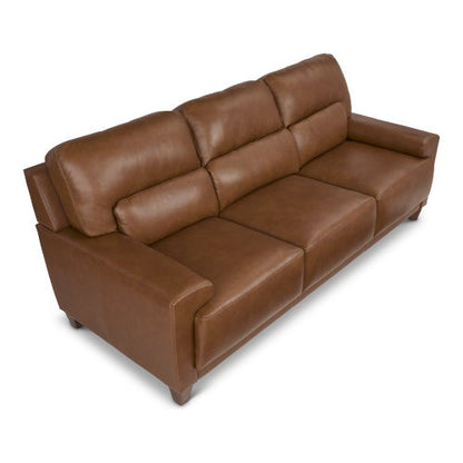 A Draper Sofa, crafted in brown leather and featuring three cushions and armrests, is showcased against a white background. This modern piece boasts slightly angled armrests and a padded backrest, ensuring a comfortable seating experience.