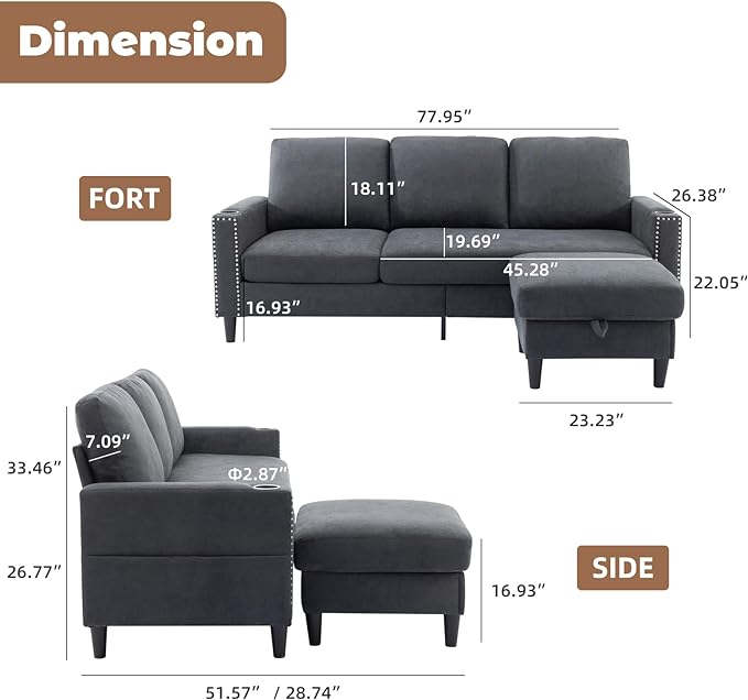 Image with dimensions of the Siiejia Convertible Sectional L-Shaped Apartment in dark gray: sofa width 77.95", seat height 18.11", depth 19.69"; chaise length 45.28", total height 33.86", width 66.54". Includes a side view.