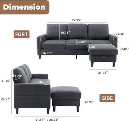 Image with dimensions of the Siiejia Convertible Sectional L-Shaped Apartment in dark gray: sofa width 77.95", seat height 18.11", depth 19.69"; chaise length 45.28", total height 33.86", width 66.54". Includes a side view.