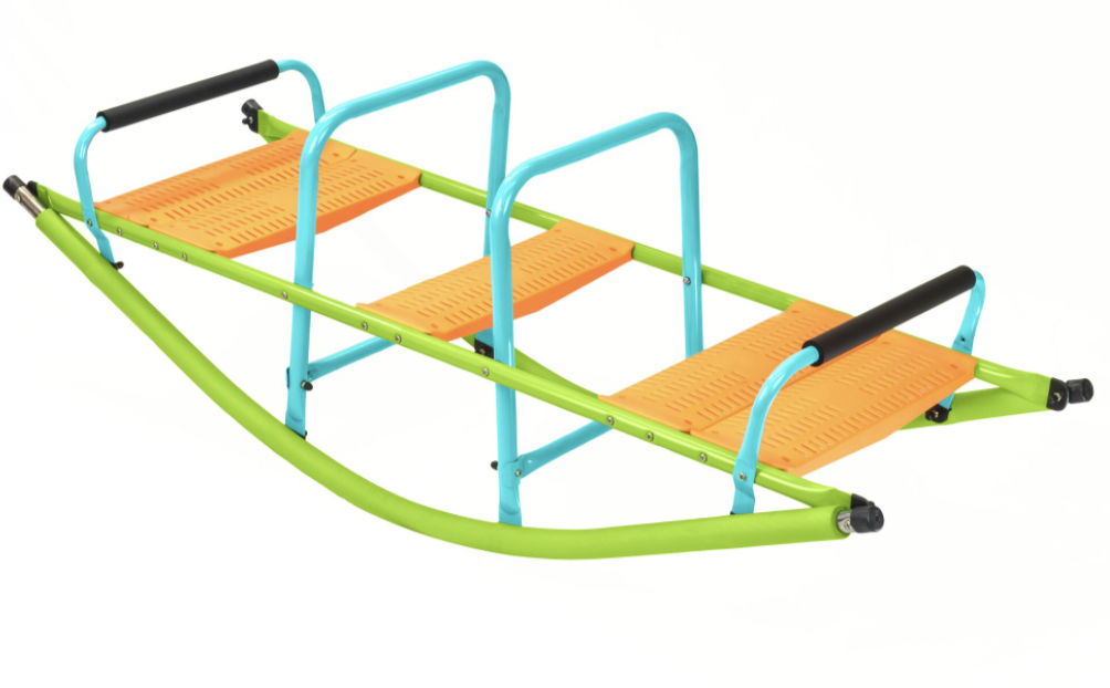 The Xss008 Kids Seesaw features a vibrant green frame, two orange seats with black handles, and playful blue support bars. Designed for children aged 3+, this colorful rocker is perfect for outdoor fun.