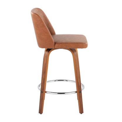 Toriano - Contemporary Fixed Height Counter Stool With Swivel & Round Footrest (Set of 2) - Walnut / Camel