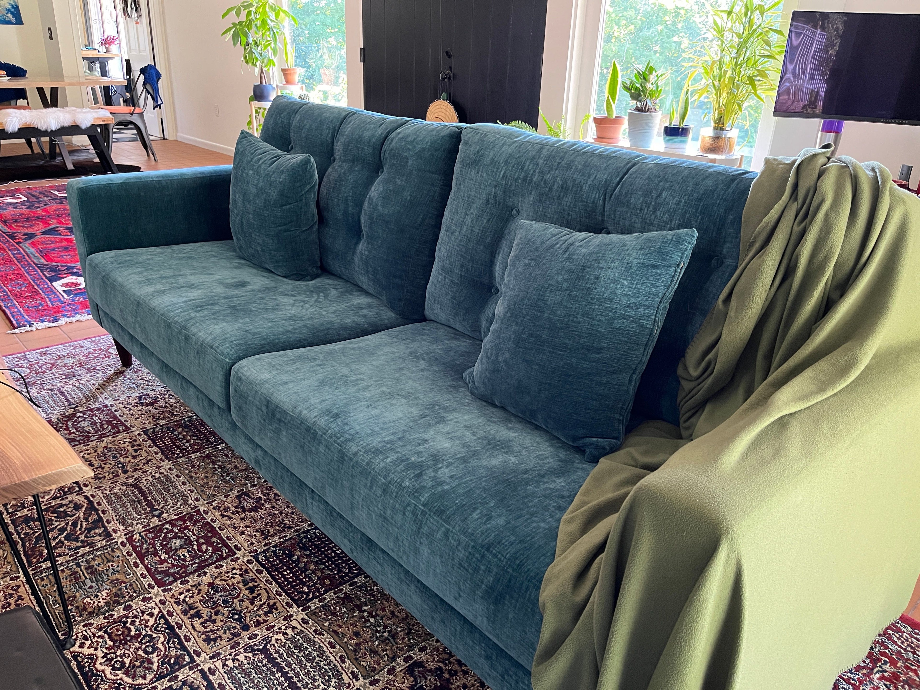 A teal sofa with tufted cushions and two matching pillows sits in a living room. A green throw is draped over one arm. Potted plants line the window sill in the background, and colorful rugs cover the wooden floor.