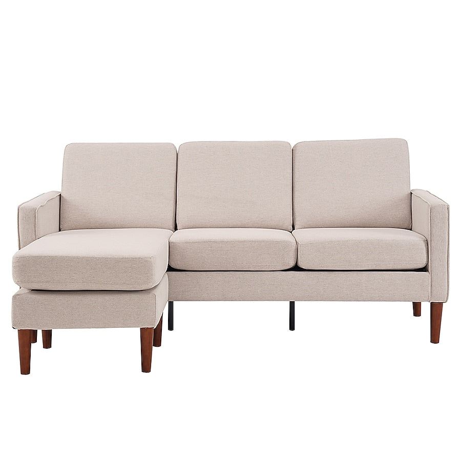 Product Description: The Outopee Modern Beige Linen Sectional is an L-shaped sofa featuring three seat cushions and a left-facing chaise. It boasts wooden legs and a sleek, minimalist design that fits effortlessly into modern interiors.