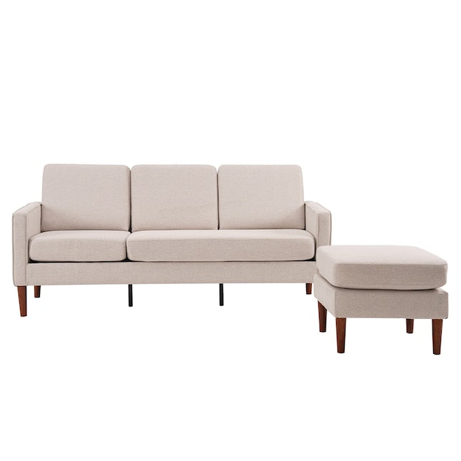 An Outopee Modern Beige Linen Sectional, featuring a three-seater sofa with wooden legs and a matching ottoman, set against a plain white background.