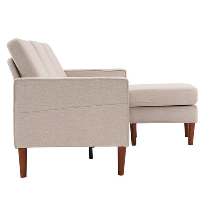 Side view of the Outopee Modern Beige Linen Sectional, featuring an upholstered armchair with a matching ottoman. Both pieces have wooden legs and showcase a clean, modern design. The chair includes a slightly reclined backrest for added comfort.