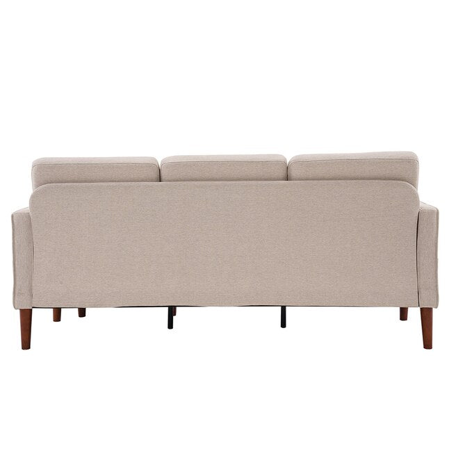 The Outopee Modern Beige Linen Sectional is a stylish sofa featuring three back cushions and a simple, modern design with wooden legs, as seen from behind.