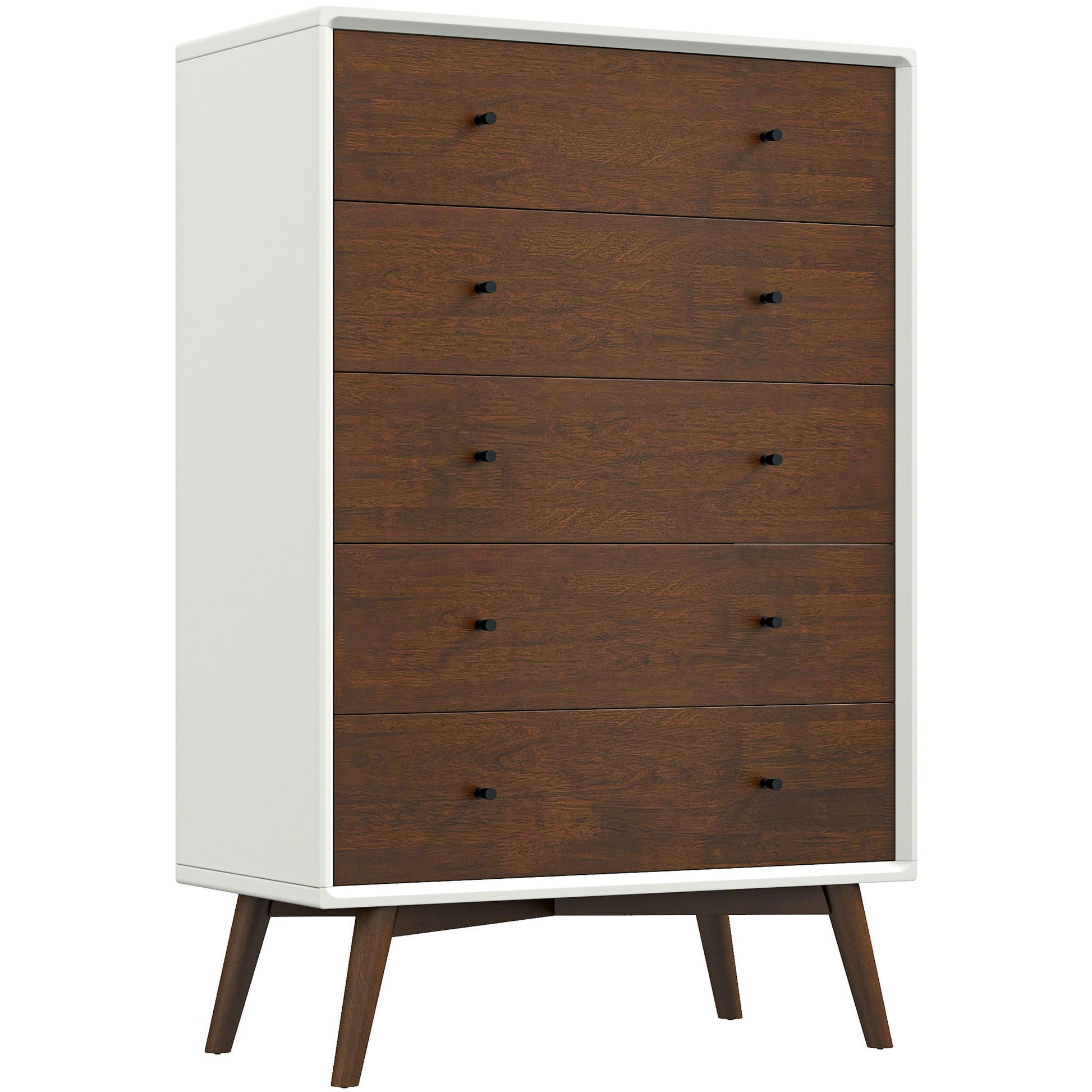 The Caroline dresser features a white frame and five dark wooden drawers with small round black handles. It stands on sleek angled legs, blending mid-century and contemporary design.