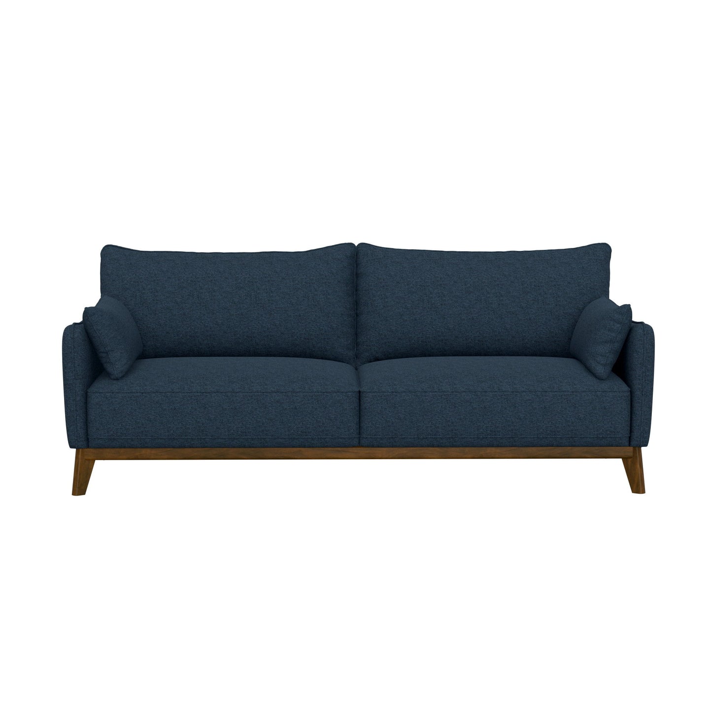 The Varia sofa in dark blue boasts a minimalist design with two back cushions, two side pillows, and wooden legs, set against a plain white backdrop.