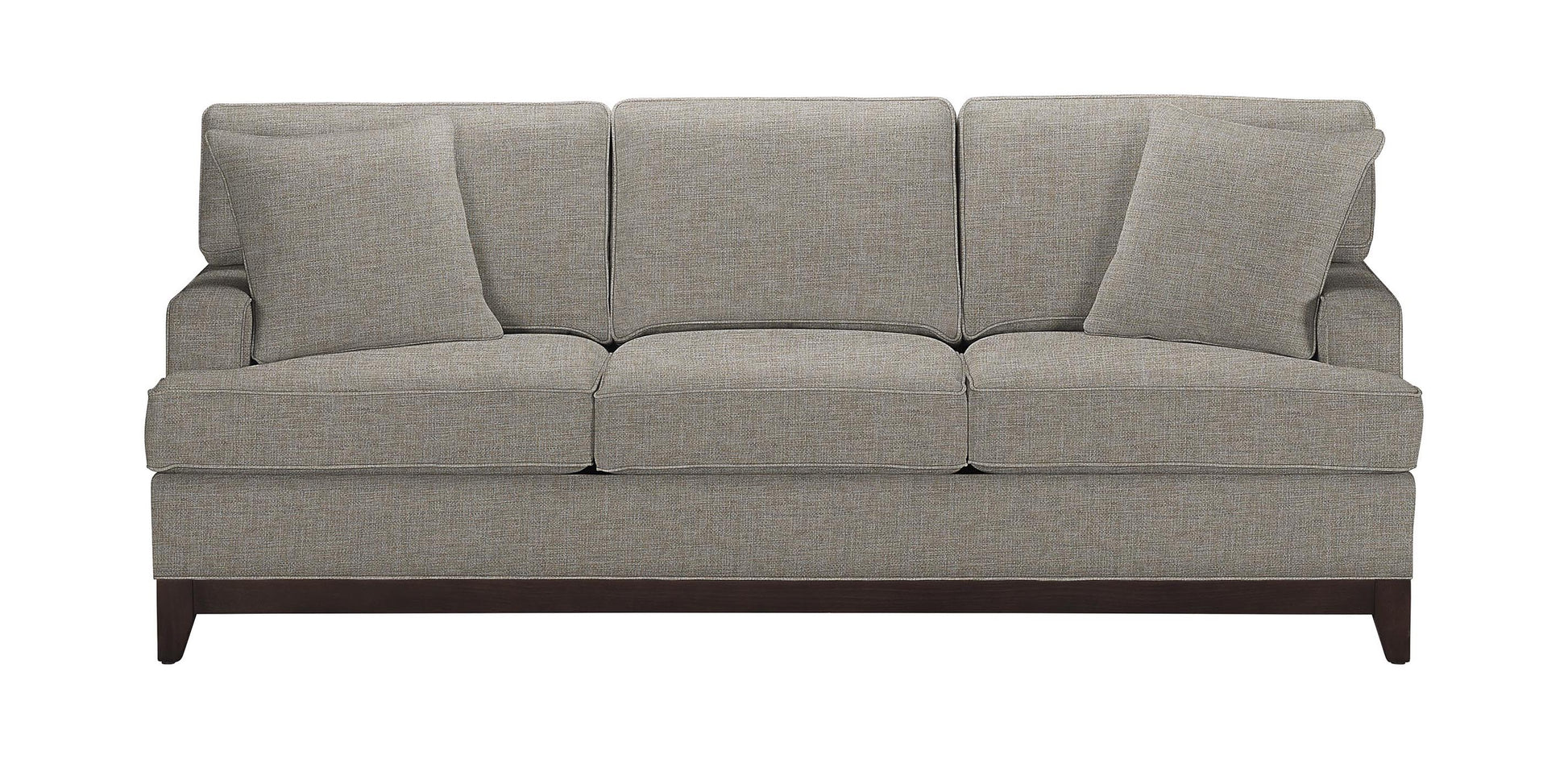 The Arcata Sofa, Quick Ship is a gray upholstered sofa featuring three seat cushions and three back cushions. It comes with two matching throw pillows placed on either side and has dark wooden legs.