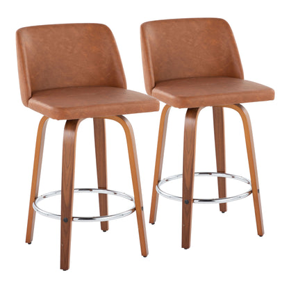 Toriano - Contemporary Fixed Height Counter Stool With Swivel & Round Footrest (Set of 2) - Walnut / Camel