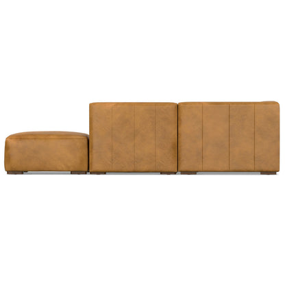 Brown modular sofa set against a white background, featuring a left ottoman section and two rectangular sections with vertical stitching lines.