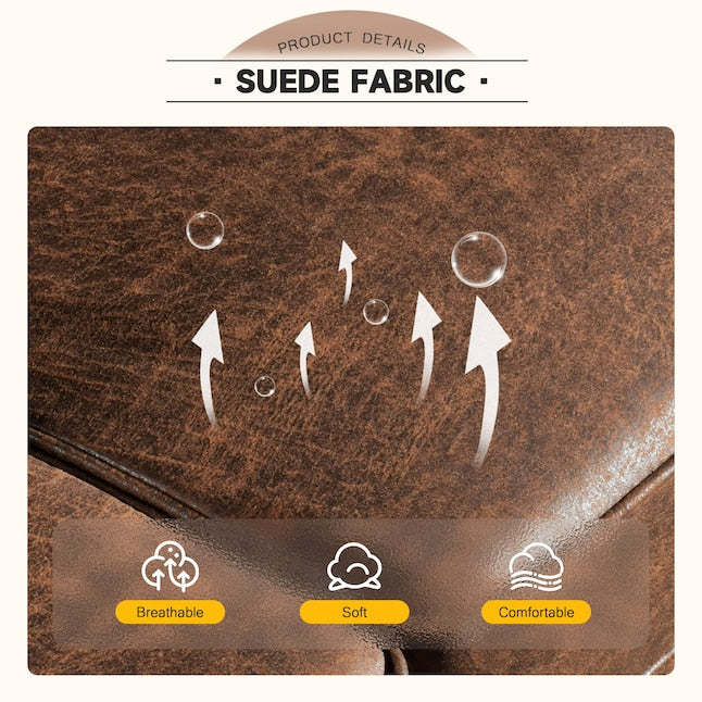 Close-up of brown faux leather material with arrows and bubbles indicating breathability. Icons below depict features such as "Breathable," "Soft," and "Comfortable." Text at the top reads "Product Details - Ovios 71.65-in Modern Brown Faux Leather 3-seater Sofa.