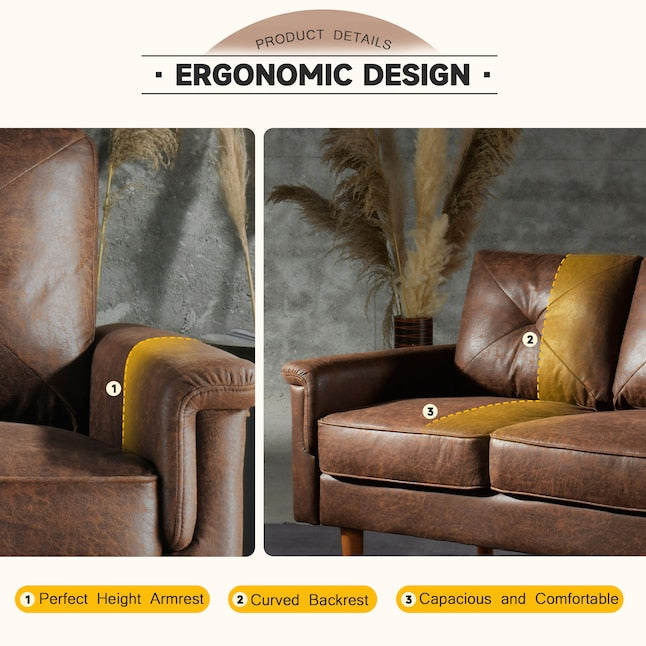 A split image featuring the Ovios 71.65-in Modern Brown Faux Leather 3-seater Sofa. The left side emphasizes its perfectly positioned armrest, while the right side displays a curved backrest and spacious seating adorned with brown and yellow stitching. Pampas grass decorates the background for added style.