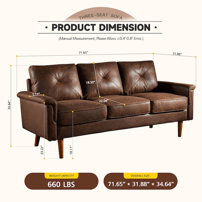 Image featuring the Ovios 71.65-in Modern Brown Faux Leather 3-seater Sofa, with detailed dimensions of 71.65" in length, 31.88" in width, and 34.64" in height. The sofa has a weight capacity of 660 lbs., and the image includes measurement notes along with labeled features highlighting the sofa's design elements.