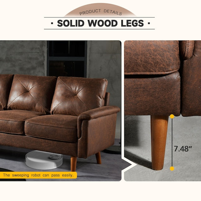 The image features the Ovios 71.65-in Modern Brown Faux Leather 3-seater Sofa, showcasing its solid wood legs which are 7.48 inches high. A robotic vacuum is positioned to demonstrate that it can easily pass under the sofa.