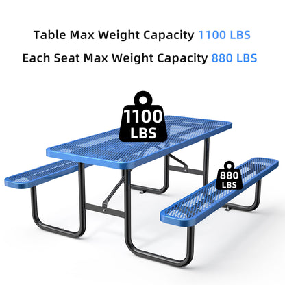 Expanded Rectangular Picnic Metal Table features a blue table with attached benches on a metal frame. "Table Max Weight Capacity 1100 LBS" is in blue and "Each Seat Max Weight Capacity 880 LBS" is in black, accompanied by weight icons for emphasis.