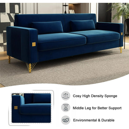 In a contemporary living room, the Mid Century Modern Sofa Couch with plush blue upholstery and gold legs sits elegantly on a gray rug. This sofa is distinguished by its comfortable high-density sponge cushions, added middle leg support, and its eco-friendly and durable construction.